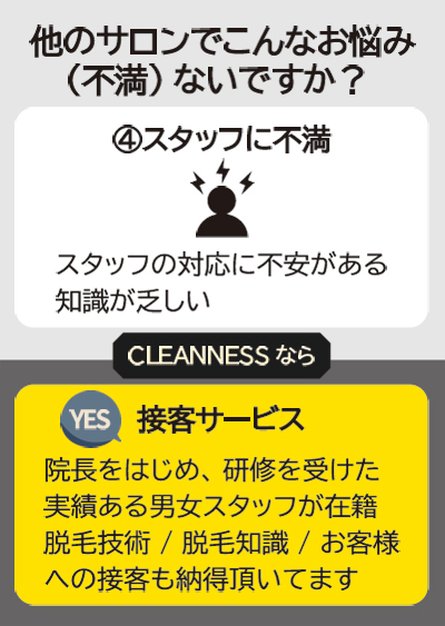 不満4 メンズ脱毛乗り換えキャンペーン｜大人の男性向けサロンのCLEANNESS宜野湾本院